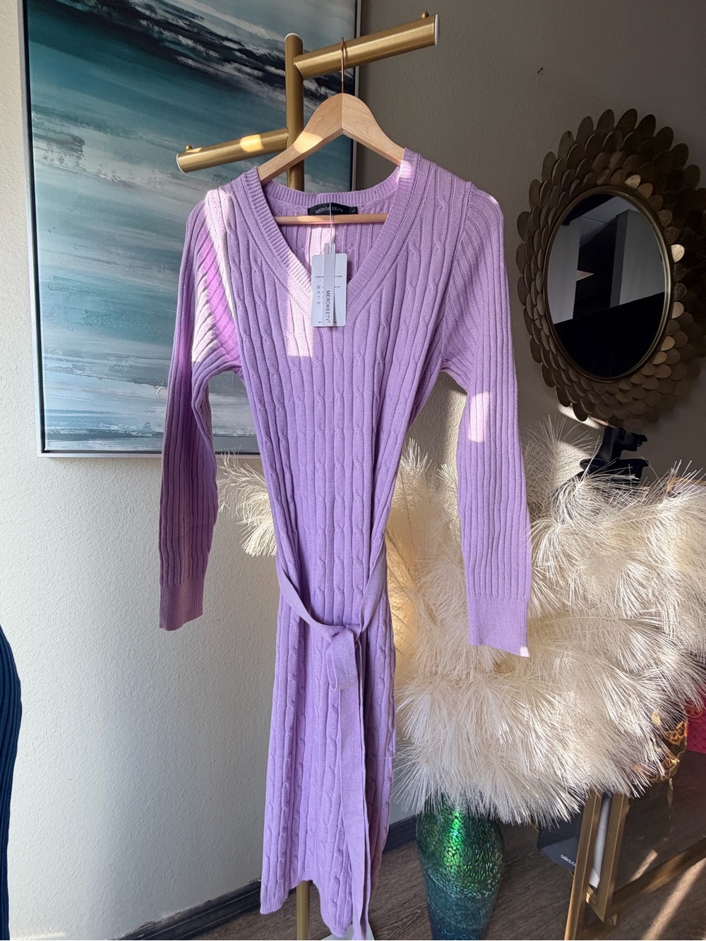 Cable-Knit Long Sleeve Belted Dress in Lilac
